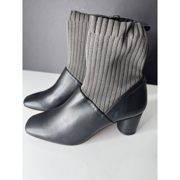New Max Mara Block Ankle Boot Dark Gray Leather Knit Fitted Sock EU 37 US 7 - Picture 5 of 6